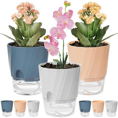 6 Pièces Pots à Arrosage Automatique, 12CM Pot de Fleurs en Plastique avec Trou de Drainage et Grand Réservoir - Pots pour Bonsaï Aloès Herbes Orchidées Succulentes Plantes (3 Couleurs) (1/5)