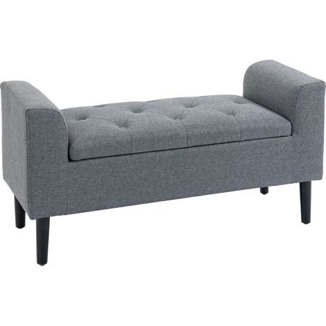 Banquette coffre rembourrée aspect lin gris clair, structure bois caoutchouté. Résistante jusqu’à 130 kg, dimensions 116 × 44 × 58 cm (1/4)