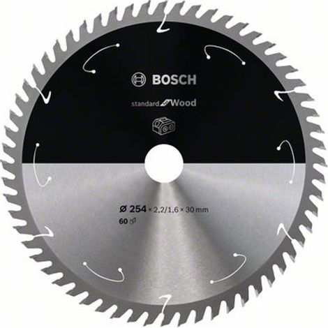 Bosch Akku-Kreissägeblatt Standard for Wood, 254 x 2,2/1,6 x 30, 60 Zähne, Freiwinkel 13°, Spanwinkel 15°