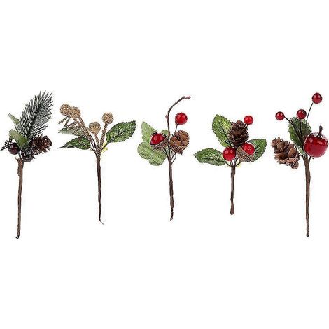 15 pics décoratifs rouges de Noël, baies et pommes de pin, avec branches de houx, pour une décoration florale festive. (1/5)