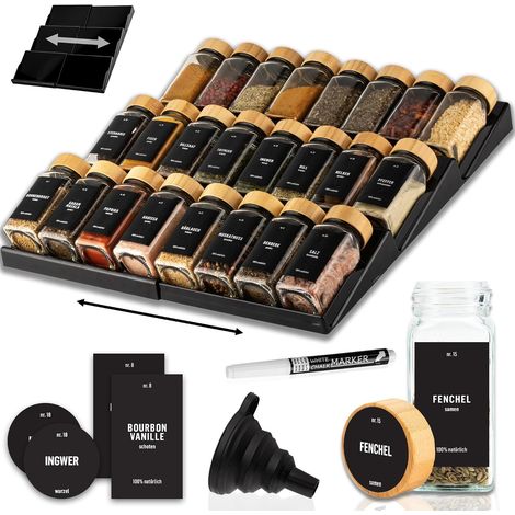 Range epices cuisine tiroir avec Pots Lot de 24 avec Étiquettes - Rangement épices tiroir - Organisateur epice Grande Capacité Extensible (1/5)