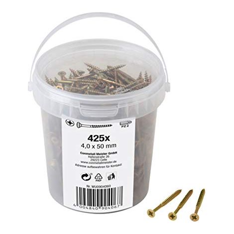 Meister Viti universali, 4,0 x 50 mm, 425 pezzi, testa svasata, attacco PZ Pozidriv, filettatura parziale, zincata, set di viti, secchio per viti, 904060 (1/4)