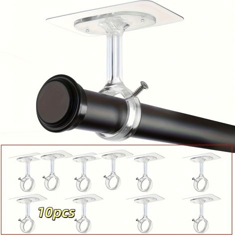 Juego de 10 soportes adhesivos para barra de cortina, sin necesidad de taladrar, para montaje en techo, autoadhesivos e impermeables, para baño y dormitorio, transparentes (1/5)