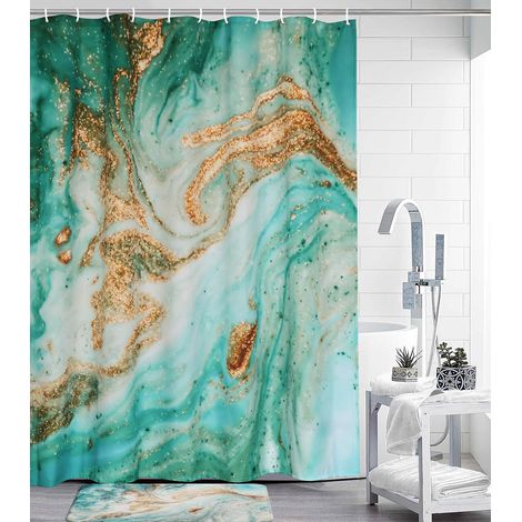Tenda da doccia in marmo con motivo screpolato verde per bagno, vortici, increspature, set di tende da doccia in tessuto con stampa artistica dorata, design screpolato, accessori per vasca da bagno (7 (1/5)