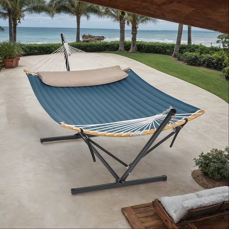 Hamac avec Support – Rembourré, Oreiller Inclus. Écarteurs Bambou, Portable. Modèle (Bleu). (1/5)