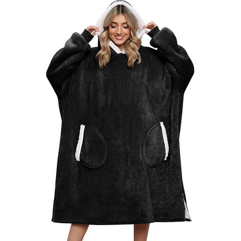 Hoodie molletonné oversize, peignoir douillet en polaire chaude, couverture portable à capuche avec poches et manches, plaids d'hiver pour femme, homme, adulte et ado, noir. (1/5)