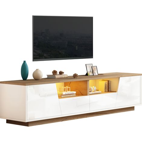 Mueble TV con 2 Puertas, 2 Cajones, 2 Huecos y LED, Frente Brillante, para Salón, 180×40×46 cm, Blanco (1/5)