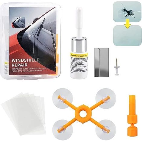 Kit Reparation Pare Brise, Kit de Réparation de Verre Fissuré, Colle Pare Brise de Réparer Les éclats de Pare-Brise, Les Bulles (1/4)
