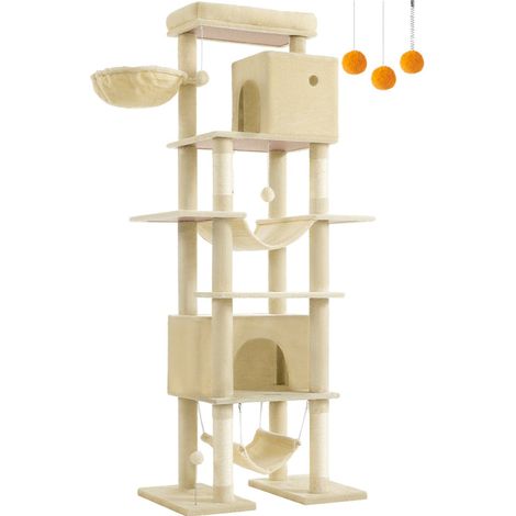 Arbre à chat 201 cm forme de tour taille XXL multi-niveaux 1 plateforme 1 panier 2 niches 2 hamacs dispositif anti-basculement beige (1/5)