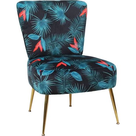 Home Heavenly® - Butaca descalzadora salón-dormitorio MOMOA. Patas doradas. Elegante y atrevido estampado. Estampado: Tropical (1/5)