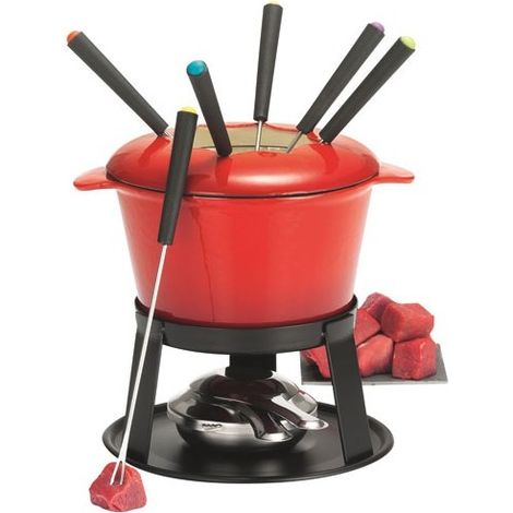 Appareil à fondue en fonte émaillée rouge pour 6 convives – Réchaud à combustible – Couvercle anti-éclaboussures inclus