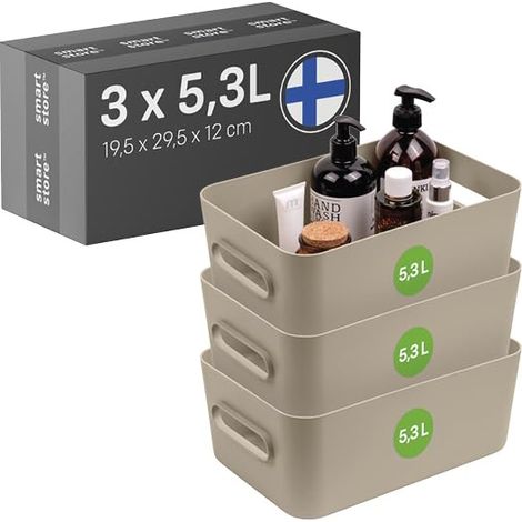 Panier de Rangement 3× 5.3 L Petite boite de rangement pour étagères salle de bain bureau Rangement Multiusage en plastique recyclé Beige L29.5 ×W19.5 ×H12cm (1/5)