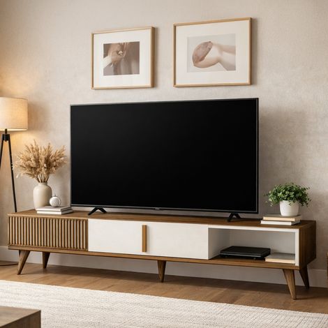 Mueble para TV Gordon, un estante, apertura abatible, 2 puertas, 180x35x40h cm, color nogal marrón (1/5)
