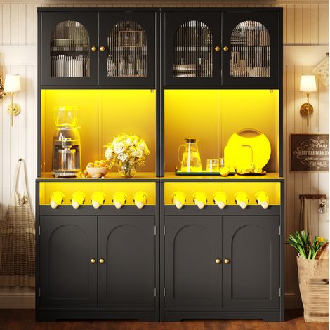 2-teiliger Hochschrank, schwarz, 180 cm, RGB-LED, Glastüren und Flaschenregal HAVRYA (1/5)