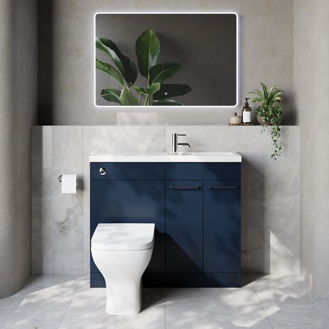Napoli 250 Deep Blue 1000mm 2 Door Vanity Unit Toilet Suite with Square Silvo Basin - 1000mm - Chrome 160mm HandleWith Kingston Toilet Pan and Seat
