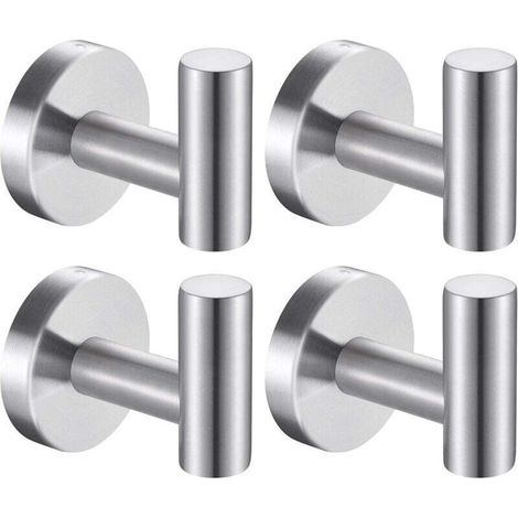 Gancho para toallas de baño, acero inoxidable, tipo clavija, no requiere perforación, paquete de 4 (plata cepillada) -Crezuo
