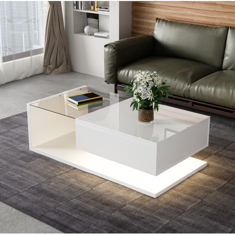 Mesa centro blanca con almacenaje y LED 105 cm OKMYHOME (1/5)