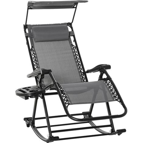 Garden Rocking Chair Folding Recliner Outdoor Adjustable Sun Lounger Rocker Zero-Gravity Seat with Headrest Side Holder Patio Deck - Grey (1/5)