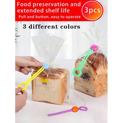 Set de 3 clips à fermeture alimentaire jaune, violette et verte, Clips réutilisables en plastique colorés pour garder les sachets de snacks frais (1/5)