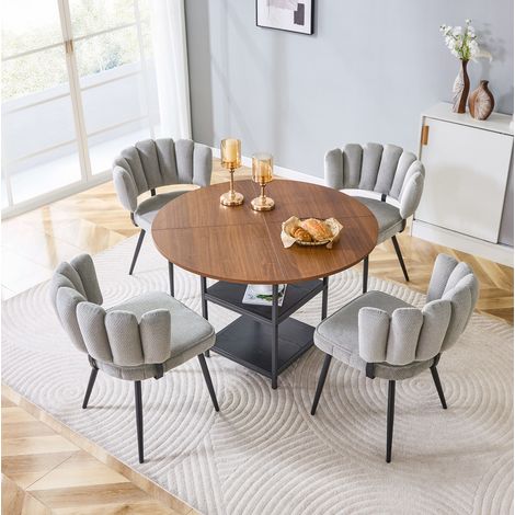 REDOM Conjunto de comedor 107x107x75 cm, mesa redonda con doble almacenaje y 4 sillas, MDF metal tela gris nogal negro (1/5)