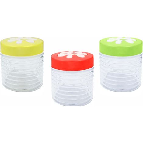 Set 3 barattoli in vetro con coperchio Giallo, Rosso e Verde Mis. 12x11cm - Contenitori per sale, caffe, caramelle, zucchero, legumi (1/5)