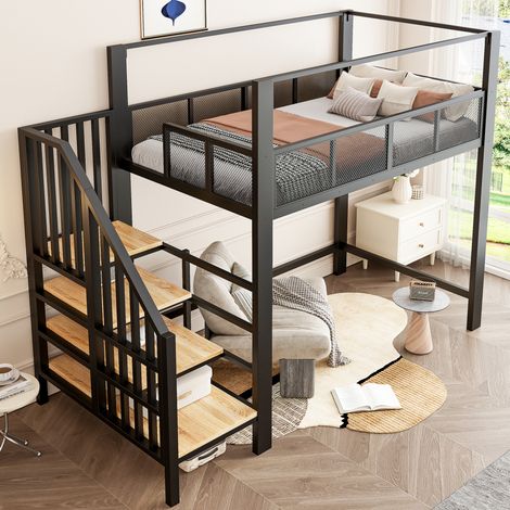 Cama alta 90x200 cm de metal con dosel, escalera de seguridad y espacio de escritorio, negra OKWISH (1/5)
