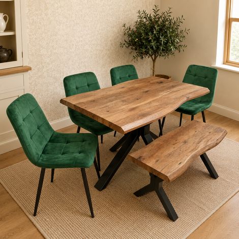 Kosy Koala 6 Seater Rustic Brown Wooden Effect Dining Table with Green Velvet Chairs & Bench (1/5)