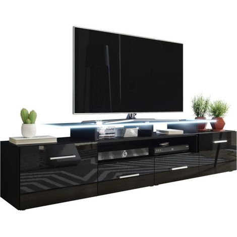Meuble TV Charlotte 117, Noir + Noir brillant, Le nombre de portes: 2, Nombre de tiroirs: 2, 194x38x39cm, LED: Disponible