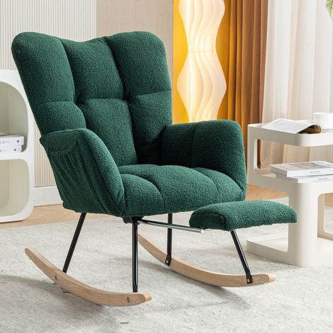 Fauteuil à bascule 98x70x98,5 cm en tissu peluche vert, repose-pieds, pour salon – MEUBLIV (1/5)