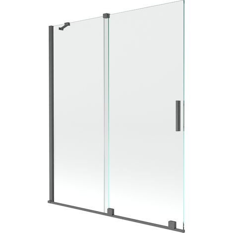 Mexen Velar paravento per vasca da bagno a 2 ante scorrevoli 140 x 150 cm, trasparente, grigio canna spazzolato