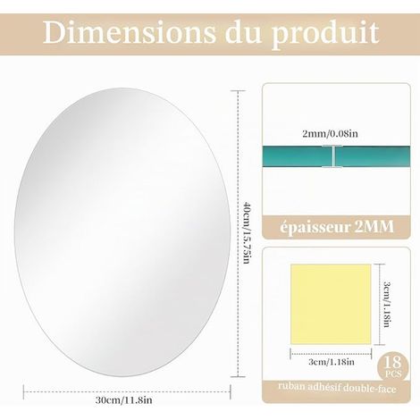 Miroir de Salle de Bain 40 × 30 cm, Miroir Mural Adhésif Ovale, Miroir d'image décoratif sans Cadre pour WC invités Salon Chambre et Bricolage (1/4)