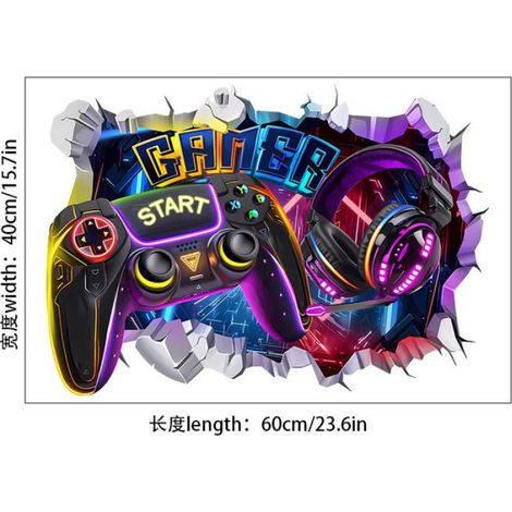 1 Sticker Mural Gamer, Autocollant 3D Jeux Vidéo, Décoration PVC Imperméable, Salle de Jeux Chambre Adolescents (1/5)
