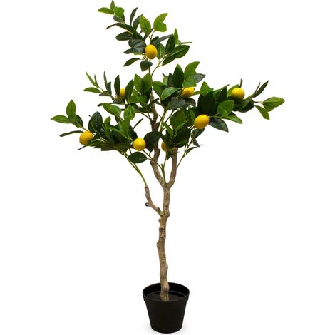 Spetebo – Plante verte artificielle citronnier en pot noir – Hauteur 118 cm – Largeur 40 cm – 10 citrons décoratifs – Réplique réaliste pour intérieur