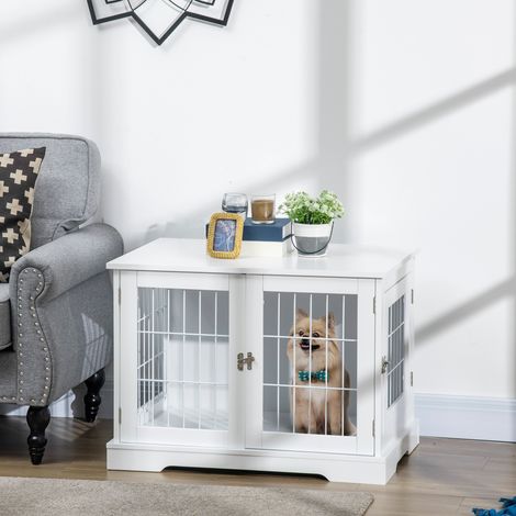 Jaula y mesa auxiliar 2 en 1 para perros PawHut con 2 puertas con cerradura - Dimensiones: 76 cm de largo x 54,5 cm de ancho x 56 cm de alto - Metal y MDF