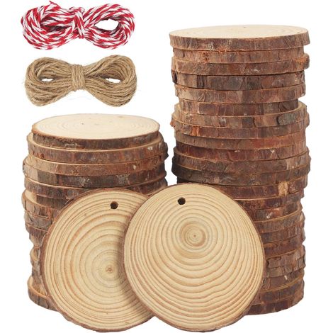 40 dekorative Holzstämme, 7-8 cm, naturbelassene, rohe Holzscheiben, robust und langlebig, mit 2 Baumwollseilen, perforierte Holzstämme, für DIY-Projekte, Bastelarbeiten, Hochzeiten, Festtagsdekoratio
