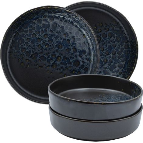 Set 4 Piatti Fondi in Porcellana Nera con Dettagli Blu e Oro - Diametro 18 cm con Bordo Alto 4,5 cm - Piatto ideale per Zuppa, Dessert e Insalate (1/5)