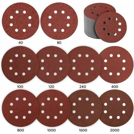 125mm Sanding Disc – Pack of 80 – Assorted Grits P40 to P2000 – 8 Dust Extraction Holes – For Wood, Metal, and Plastic