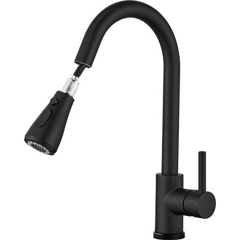 Grifo de cocina negro extensible, grifo de cocina giratorio de 360°, grifo mezclador de cocina extensible de alta presión con ducha, 2 tipos de chorro de agua. (1/5)