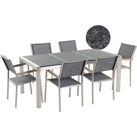 Conjunto de comedor de jardín gris con mesa 180 x 90 cm de basalto flameado 6 sillas Grosseto