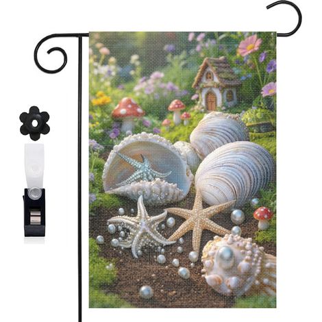 Drapeau de jardin bienvenue 30 x 45 cm motif coquillages étoiles de mer et perles toile double face décoration extérieure (1/5)