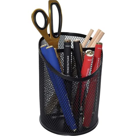 Pencil Holder - Black Metal Wire Mesh Desktop Organizer - Office Storage Box For Pens Staples Business Cards - 1 Piece (1/5)