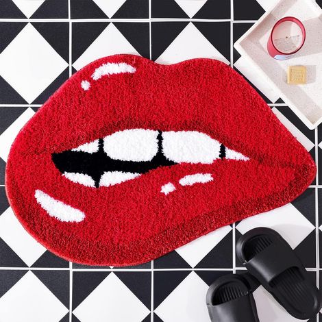 Tapis de Bain lèvres Rouges, Tapis de Salle de Bain Amusant en Forme de lèvres mordues, Doux et Moelleux en Microfibre, antidérapant, Lavable et Absorbant, 50x76 cm (1/5)