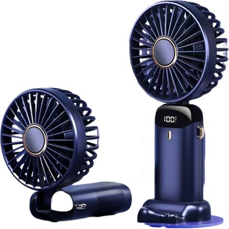 Mini ventilador portátil con pantalla LED, 5 velocidades, plegable a 90 grados, se puede usar como soporte para teléfono móvil con cable (batería de litio integrada). (1/4)
