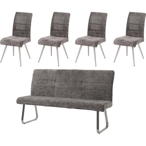 Esszimmer-Set HHG-221, 4er-Set Stuhl + Sitzbank 180cm, Edelstahl gebürstet Stoff/Textil Chenille dunkelgrau