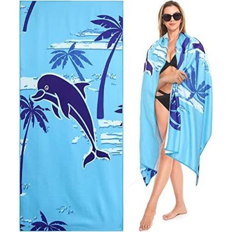 CSPARKV Grande Serviette de Plage, 150 x 70cm Drap de Plage, Serviette Microfibre, Serviette de Plage Anti Sable Sechage Rapide pour Plage/Piscine/Chaises de Plage (Cocotiers et Dauphins) (1/5)