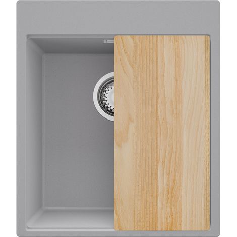PRIMAGRAN Evier Cuisine en Granit 43x50cm,Lavabo 1 bac + Kit de Vidage + Planche à Découper, Évier à Encastrer au meuble 45cm - Oslo, Gris (1/5)