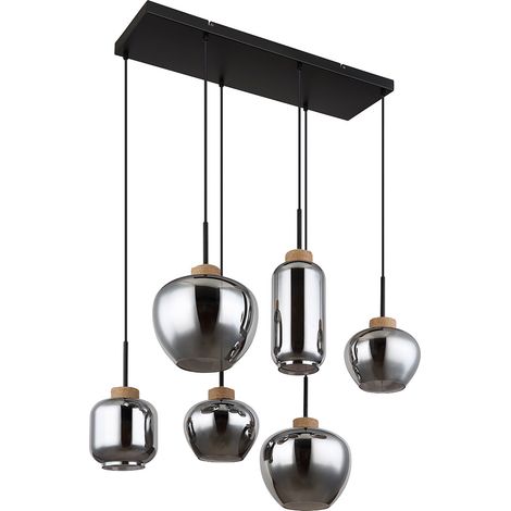 Pendellampe Pendelleuchte Hängelampe Esstischleuchte, 6 flammig, Retro Rauchglas Metall schwarz Hanf braun, 6x E27 Fassungen, LxBxH 80x40x120cm
