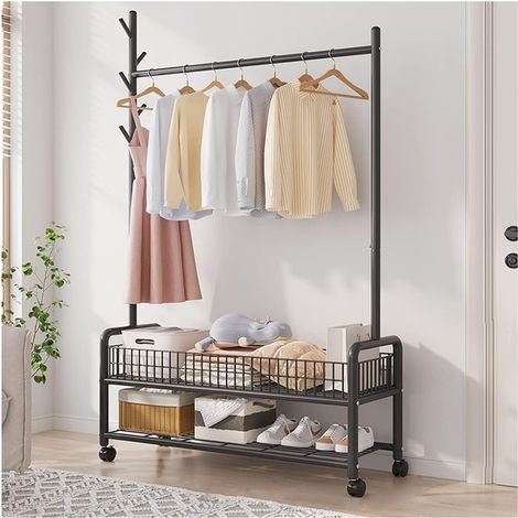 Rolling Metal Coat Rack, Two Shelves, Clothes Hooks, Organizer with Wheels, Lower Shelves for Clothes, Hats, Bags/Black (1/5)