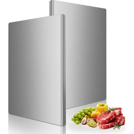 Lot de 2 Planches a Decouper Inox, Plaques Inox Cuisine en Acier Inoxydable, Protege Plan de Travail Cuisine avec Bord d'arrêt, pour la Viande, le Pain et les Fruits, 40 x 30 x 2 cm (1/5)