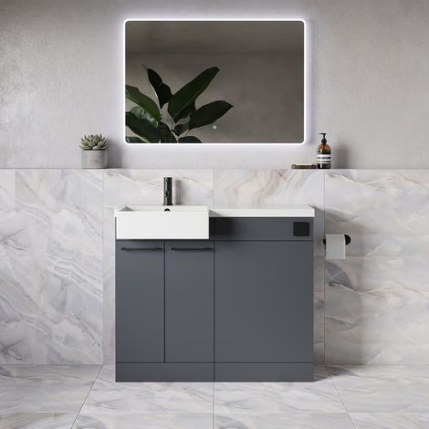 Napoli 250 Gloss Grey 1000mm 2 Door Vanity Unit Toilet Suite with Left Hand Square Rico Semi Recessed Basin - 1000mm - Matt Black 160mm HandleWithout Kingston Toilet Pan